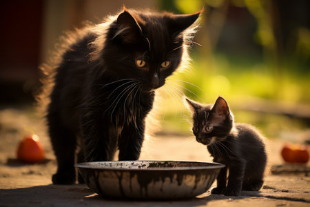 Feline Bond: A Heartwarming Moment as a Black Kitten and Its Devoted Mother Share a Mealの素材