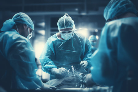 Surgical Precision: Capturing a Blurred Operating Room Background with a Dedicated Surgeon Teamの素材