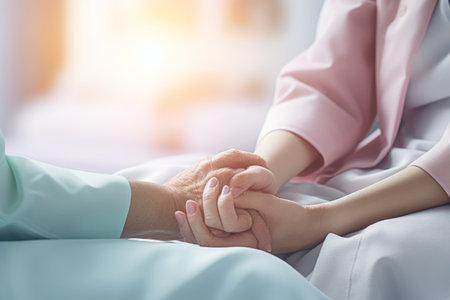 Empathy and Compassion: A Closeup of a Doctor and Senior Woman Bonding in Cancer Care and Supportの素材