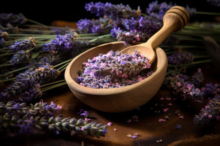 Captivating Aromas: Lavender Sprigs and Scattered Flowers in a Wooden Scoopの素材
