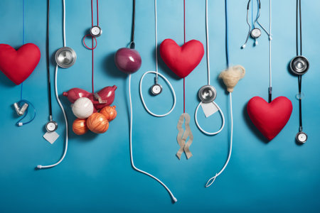 Healing Hearts: A Vibrant Collage of Stethoscopes and Love on Colorful Backgroundの素材