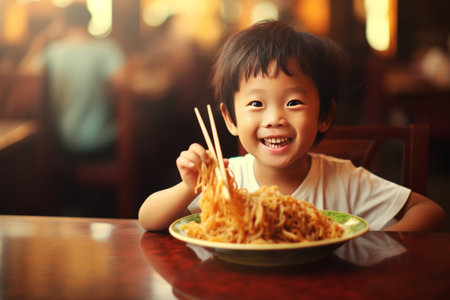 Hungry and Independent: Adorable Little Boy Tackles Roasted Duck Noodle with Chopsticksの素材