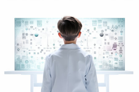 Innovative and Aspiring: Teenage Boy in White Lab Coat Harnessing the Power of Virtual Screens in Scの素材