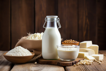 Mouthwatering Dairy Delights: Showcasing Freshness on a Rustic Wooden Table --ar 3:2の素材