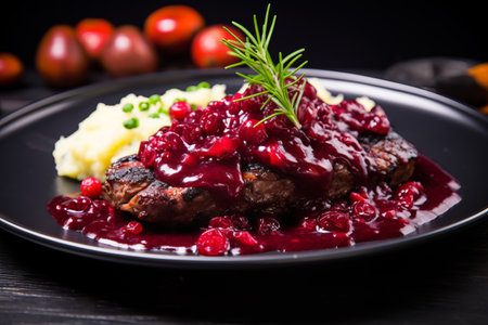 Savory Scrambled Grilled Meat Delight Topped with Tangy Cranberry Sauceの素材