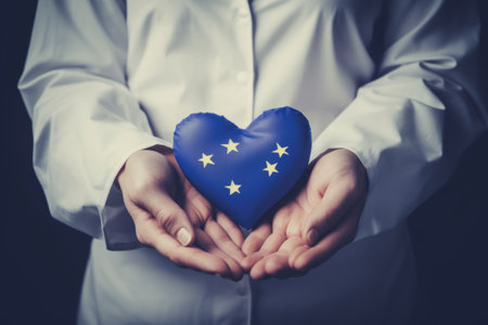 Symbolic Unity: European Union Flag Heart Grasped by Doctors Gloved Handsの素材