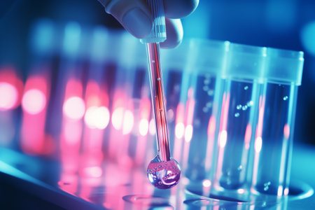 Capturing the Essence: Closeup of Dripping Liquid from Pipette into Test Tube in Laboratoryの素材