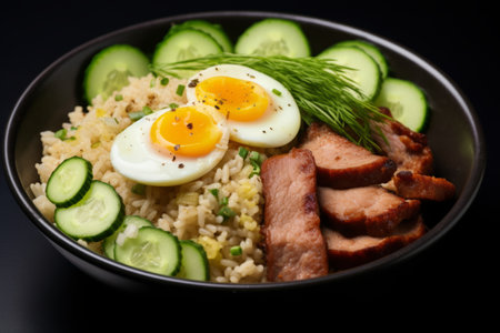 Crispy Pork Egg Fried Rice Delight: A Perfect Blend with Sliced Cucumbersの素材