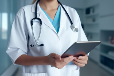 Empowering Women in Medicine: A Close-Up of Female Doctors Hands Holding a Tablet PCの素材