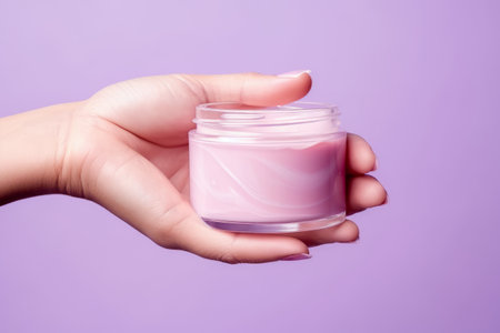 Radiant Beauty: Feminine Elegance Embraced in Pink Face Cream on Isolated Purple Backgroundの素材