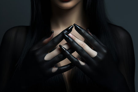 Bold and Beautiful: Captivating Female Hands with Black Manicureの素材