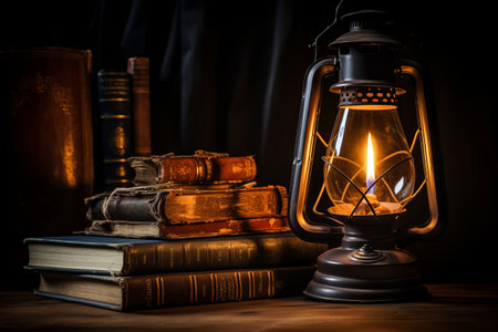 Captivating Ambiance: Vintage Metal Lantern Illuminates a Table adorned with Books, Casting Fiery Reの素材