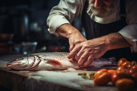 Savoring the Art of Filleting: A Chefs Masterful Technique Capturing a Fresh Fish -ar 3:2の素材