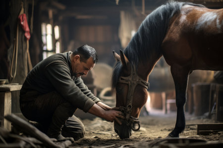 The Skilled Farrier: Expertly Fitting a New Horseshoe to a Horses Hoofの素材