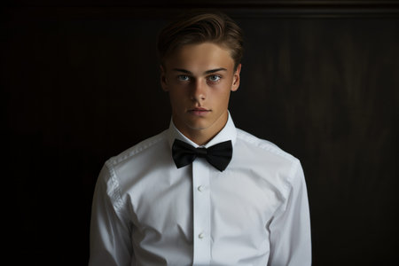 Elegance Perfected: A Young Man Fine-tunes His Black Bow Tie in a Crisp White Shirtの素材