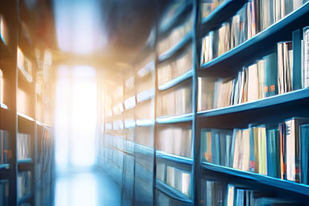 Lost in Literary Ambiance: Enigmatic Blur of a Defocused Bookshelf in Library Interior - A Captivatiの素材