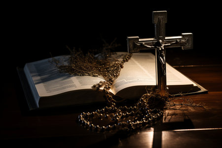 Sacred Symbols: Exploring Religions Essence with the Bible and Crucifix on a Black Glass Tableの素材
