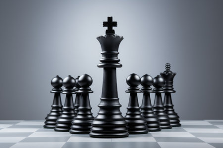 The Striking Contrast: Black Chess Pieces Boldly Reside in a Square Formation on a Muted Gray Isolatの素材
