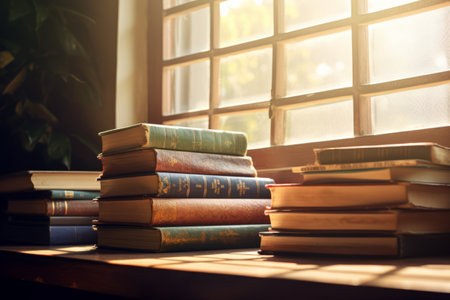 An Artistic Display: Books Resting on a Sunlit Shelfの素材