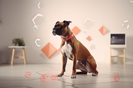 Molecular Minded: An Enlightened Boxer Dog Resting Amidst Molecular Models in a Radiant Pet Bedの素材