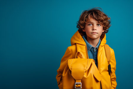 Vibrant Contrast: The Boy with a Yellow Backpack in a Serene Blue Landscapeの素材