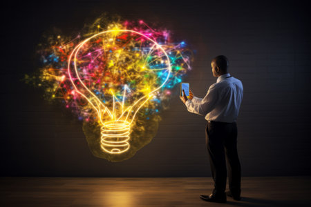 Unleashing Innovative Solutions: Businessman Inspires with SMEs Colorful Light Bulb and New Technolの素材