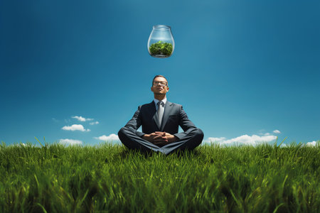 Elevating Business Success: Lotus Pose Businessman amidst Lamp-Head and Lush Greenery under the Summの素材