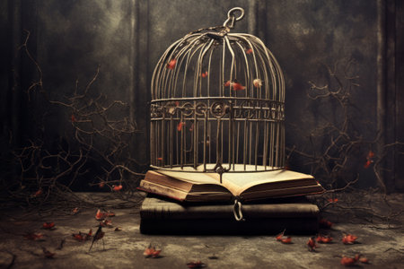 The Power of Restraint: Exploring Censorship through a Book and a Birdcage on a Grunge Background (Aの素材