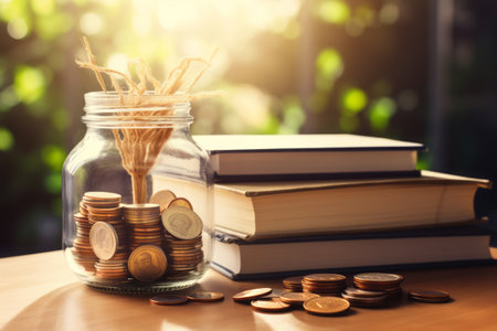 A Symbol of Achievement: Celebrating Graduation with a Certificate and Coins in a Glass Jar on a Wooの素材