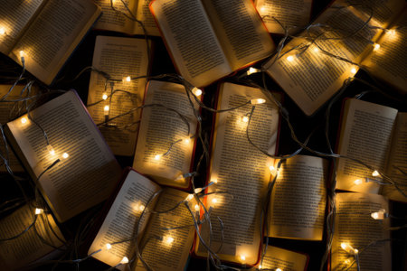Enchanting Christmas Light Display: Illuminated Old and Used Hardcover Books from Aboveの素材