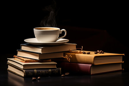 Brewing Knowledge: Coffee Cup Steadily Rests Upon Stacked Booksの素材