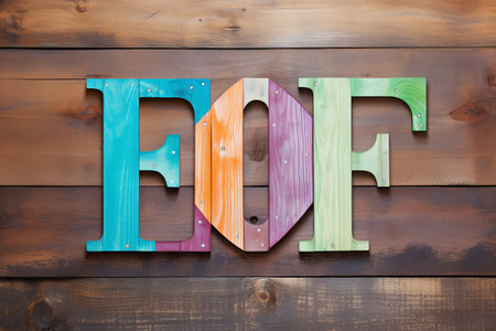Vibrantly Engraved Color Alphabet Letters Amplify Wood Background with Word Forumの素材