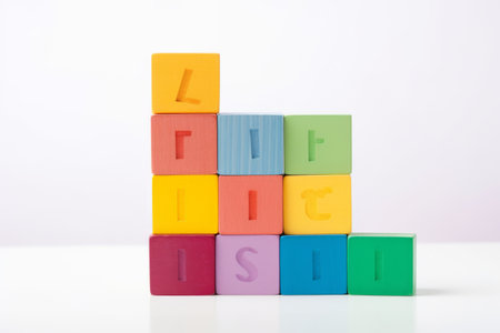 Vibrant Colored Wooden Letter Blocks Pop Against a Clean White Background --AR 3:2の素材