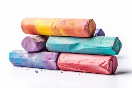 Vibrant Scribbles and Stains: Colorful Chalks Isolated on a White Background (AR 3:2)の素材