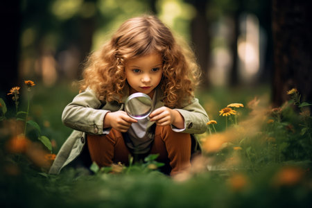 Magnifying the Laughter: Adorable Little Girl Enjoys a Giggle Through a Magnifying Glassの素材
