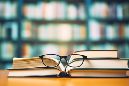 A Scholarly Scene: Books, Glasses, and the Librarys Enchanting Blurの素材