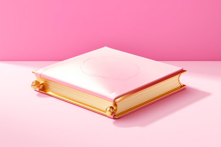 Gilded Knowledge: A Luxurious Golden Open Book Unveiled on Pink with a White Marble Touchの素材
