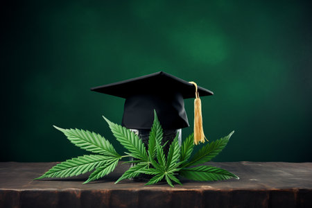 Cannabis College Celebration: Embracing Higher Education with a Graduate Hat Adorned with a Marijuanの素材