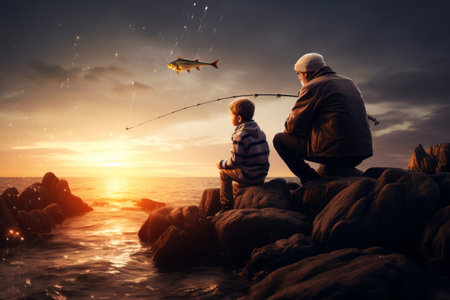 A Bond Through Generations: Grandfather and Grandson Fishing Together by the Seaの素材