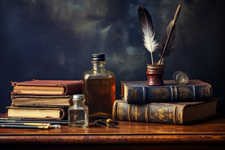 Enchanting Nostalgia: A Vintage Background with Quill Pen, Ink Bottle, and Old Books on Tableの素材