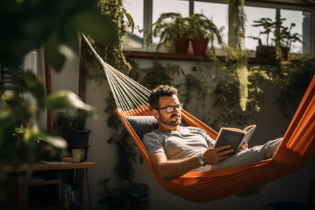 Unwind and Gain Knowledge: A Tranquil Scene of a Young Man Immersed in a Book on a Backyard Hammockの素材
