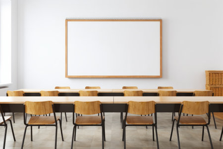 Rear View Focus: Students Engaged in Classroom Studies with Empty Whiteboardの素材