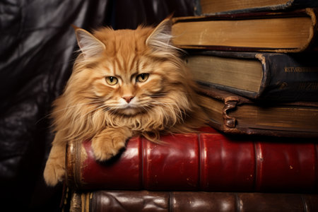 Cosy Reading Corner: The Alluring Red Cat amidst a Pile of Books on a Luxurious Leather Chairの素材