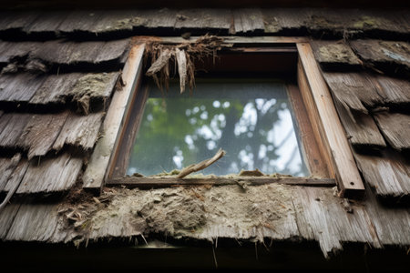 Renovation Urgently Needed: Addressing Leaking Roof Window and Rotting Wood in Old Weathered Woodenの素材