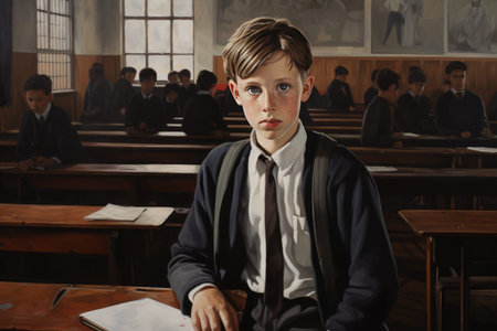 The Vibrant World of Learning: A Schoolboys Journey in the Classroom â AR 3:2の素材