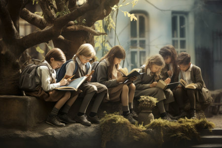 Capturing the Joy of Education: Schoolchildren immersed in a book near the school - AR 3:2の素材