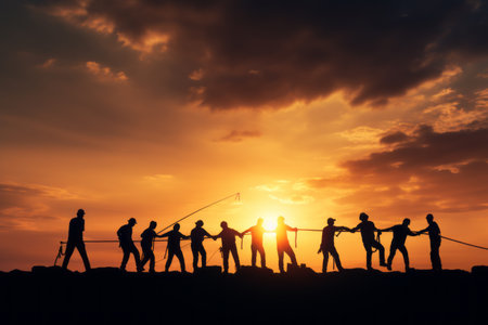 Unifying Shadows: Silhouette Employees Conquer Challenges at Sunsetの素材