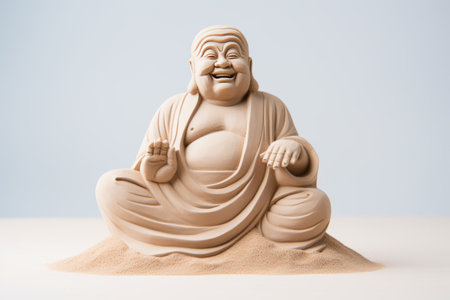 A Serene Smiling Buddha: A Beige Statue on White Fine Sand against a White Background (AR 3:2)の素材