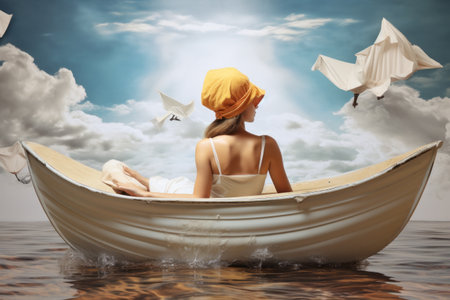 Whimsical Waters: A Playful 3D Photo Collage Artwork Poster Featuring a Funny Lady Swimming on a Boaの素材