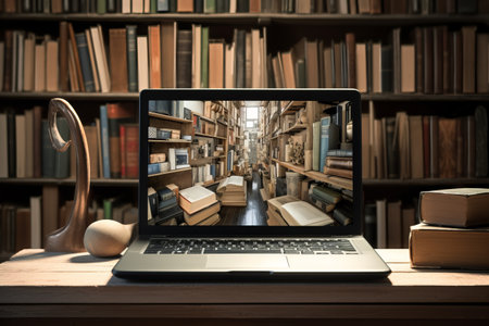 Digitized Reading: Exploring the E-Book Library Concept with Laptop Computer and Books --AR 3:2の素材